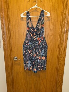 Cider Navy Floral Corduroy Short Overalls with Orange Blooms